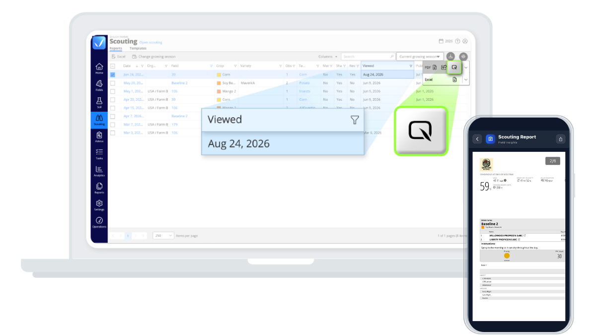 QA Advisor scouting reports screen showing the Viewed status, alongside a QA Farmer mobile app screen displaying the scouting report sent to the grower.