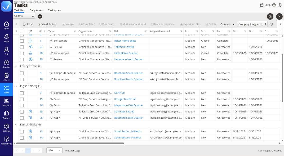 QA Advisor task list showing scouting and application tasks with assigned fields, team members, priorities, and completion status.
