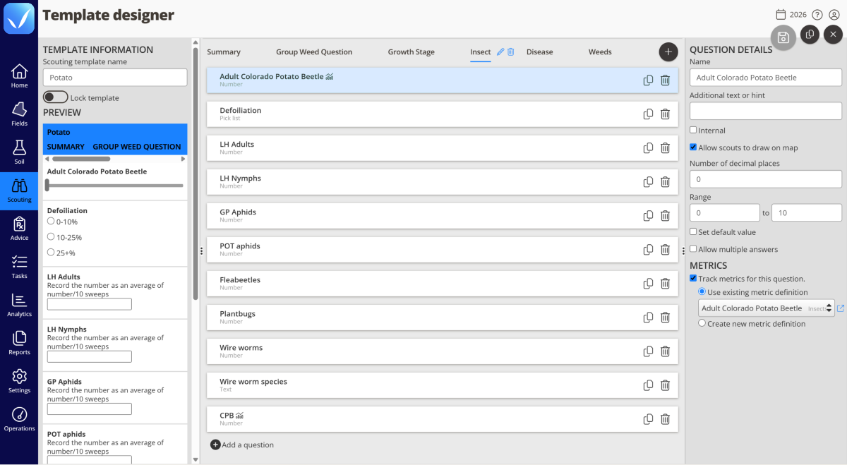 QA Advisor custom crop scouting template with field observation options
