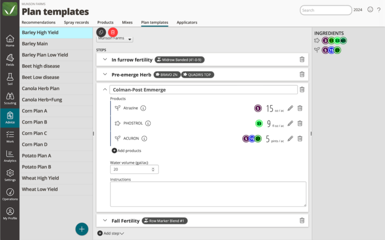 Create custom crop plans and apply to the appropriate fields including seed and fertility treatments. Use the plan to generate a shopping list for your grower.