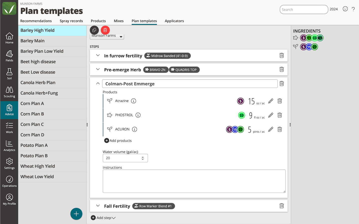 Create custom crop plans and apply to the appropriate fields including seed and fertility treatments. Use the plan to generate a shopping list for your grower.