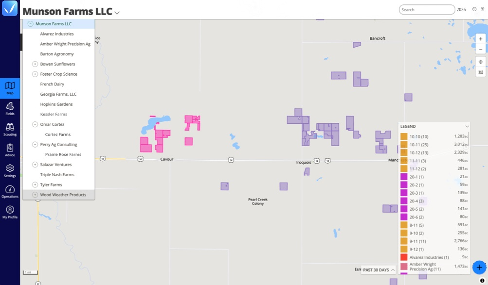 QA Advisor map showing multiple farms and organizations under one account