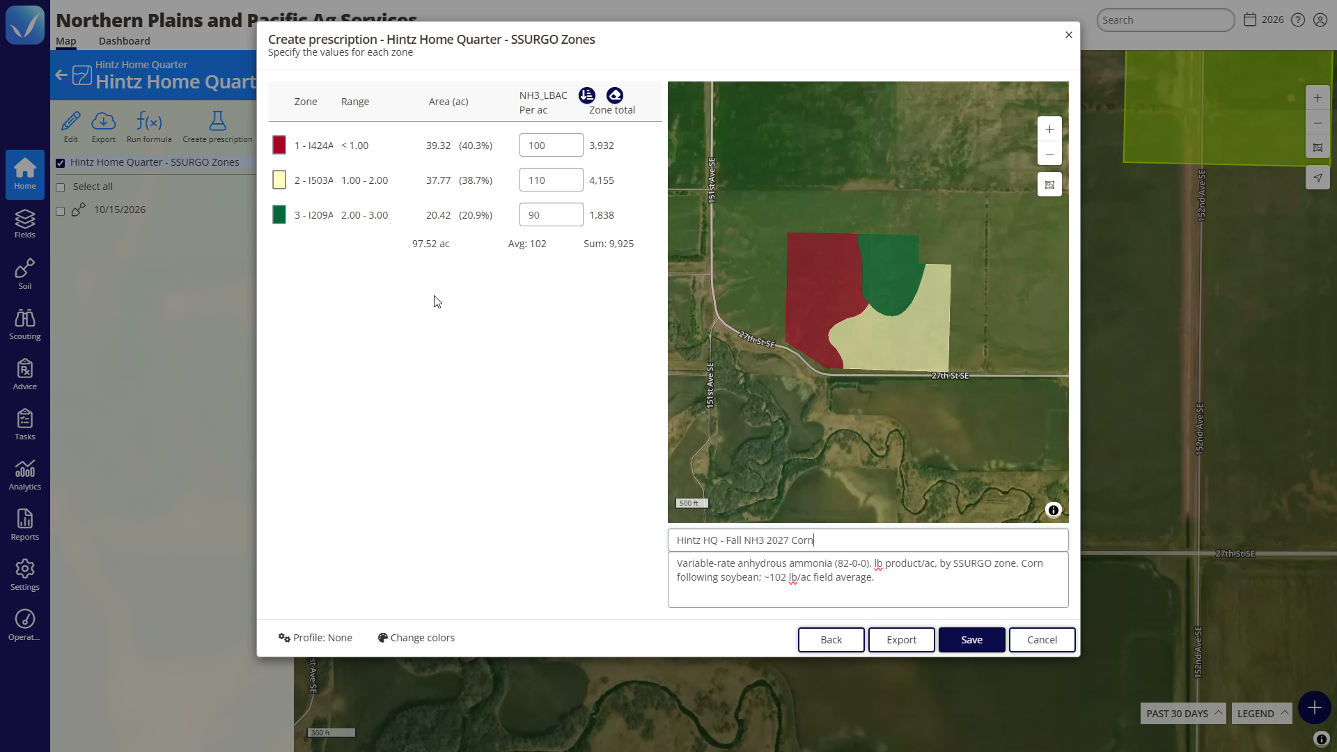 Create prescription window in the QA Advisor web app for Hintz Home Quarter, using SSURGO soil zones. It sets anhydrous ammonia rates of 100, 110 and 90 lbs per acre across three zones on 97.52 acres, for a 102 lb/ac average and 9,925 lb total, with the zone map and prescription notes beside it.
