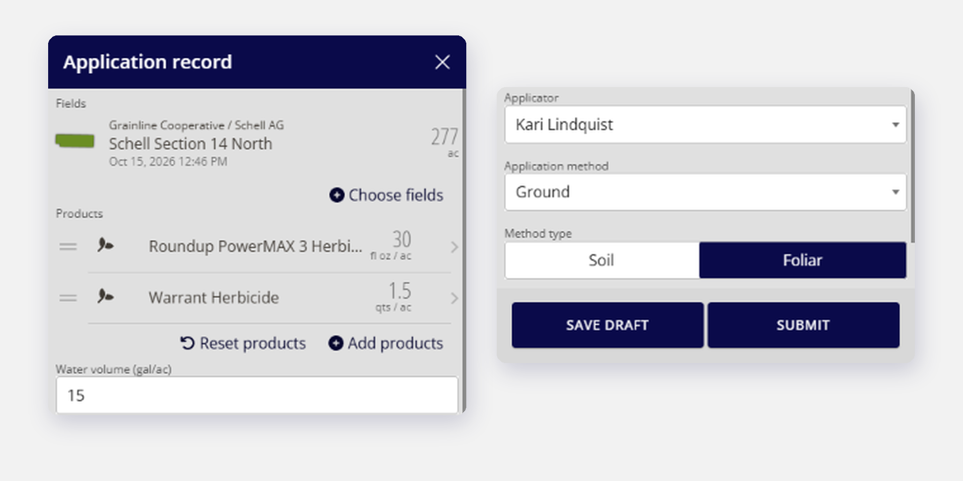 Two panels from an application record in the QA Advisor mobile app. The first shows Schell Section 14 North, a 277-acre field for Grainline Cooperative / Schell AG, recorded on October 15, 2026. It lists Roundup PowerMAX 3 Herbicide at 30 fl oz per acre and Warrant Herbicide at 1.5 qts per acre, with a water volume of 15 gallons per acre. The second shows the applicator, Kari Lindquist, with a ground application and foliar method selected, plus Save Draft and Submit buttons.