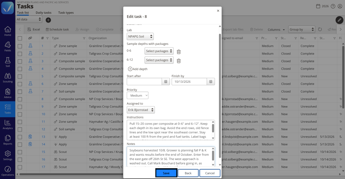 QA Advisor showing the Edit task window for a composite soil sampling task assigned to Erik Bjornstad, open over the Task list. The task sends samples to the NPAPG Soil lab at two depths, 0–6 and 6–12 inches, with a medium priority and a finish-by date of October 13, 2026. The instructions call for 15–20 cores per composite with each depth bagged separately, and the notes cover harvest timing, which gate to use and a reminder to call the grower first.