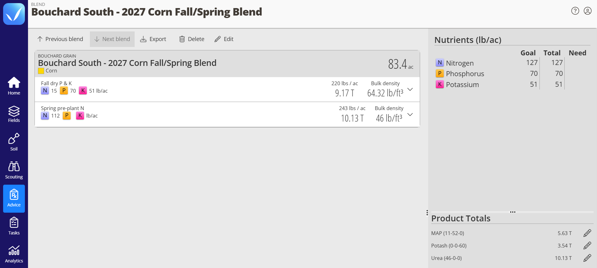 QA Advisor Nutrient Blender showing the “Bouchard South – 2027 Corn Fall/Spring Blend” for an 83.4-acre corn field from Bouchard Grain. It has two passes: a fall dry P and K blend at 220 lbs per acre (9.17 tons), and a spring pre-plant nitrogen pass at 243 lbs per acre (10.13 tons). The nutrient panel shows goals of 127 lb N, 70 lb P and 51 lb K per acre, all fully met by the blend. Product totals are 5.63 tons of MAP (11-52-0), 3.54 tons of potash (0-0-60) and 10.13 tons of urea (46-0-0).