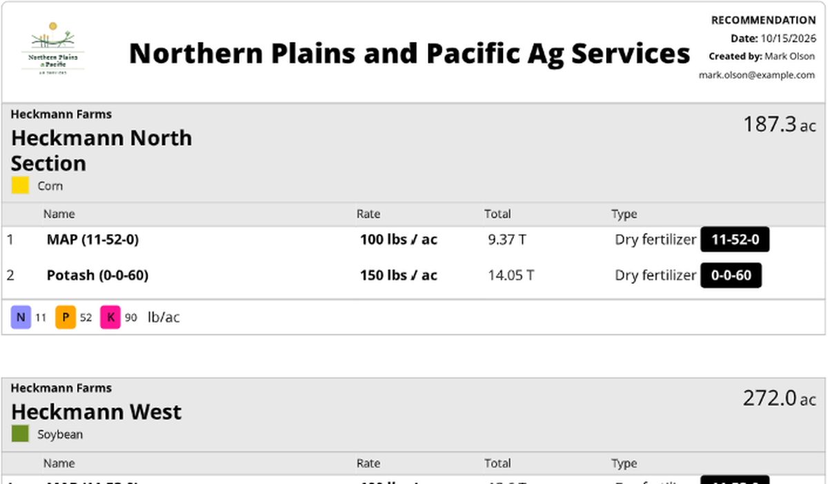 Recommendation report from QA Advisor for Northern Plains and Pacific Ag Services, listing MAP (11-52-0) at 100 lbs/ac and Potash (0-0-60) at 150 lbs/ac for Heckmann North Section and Heckmann West, with totals for each field.