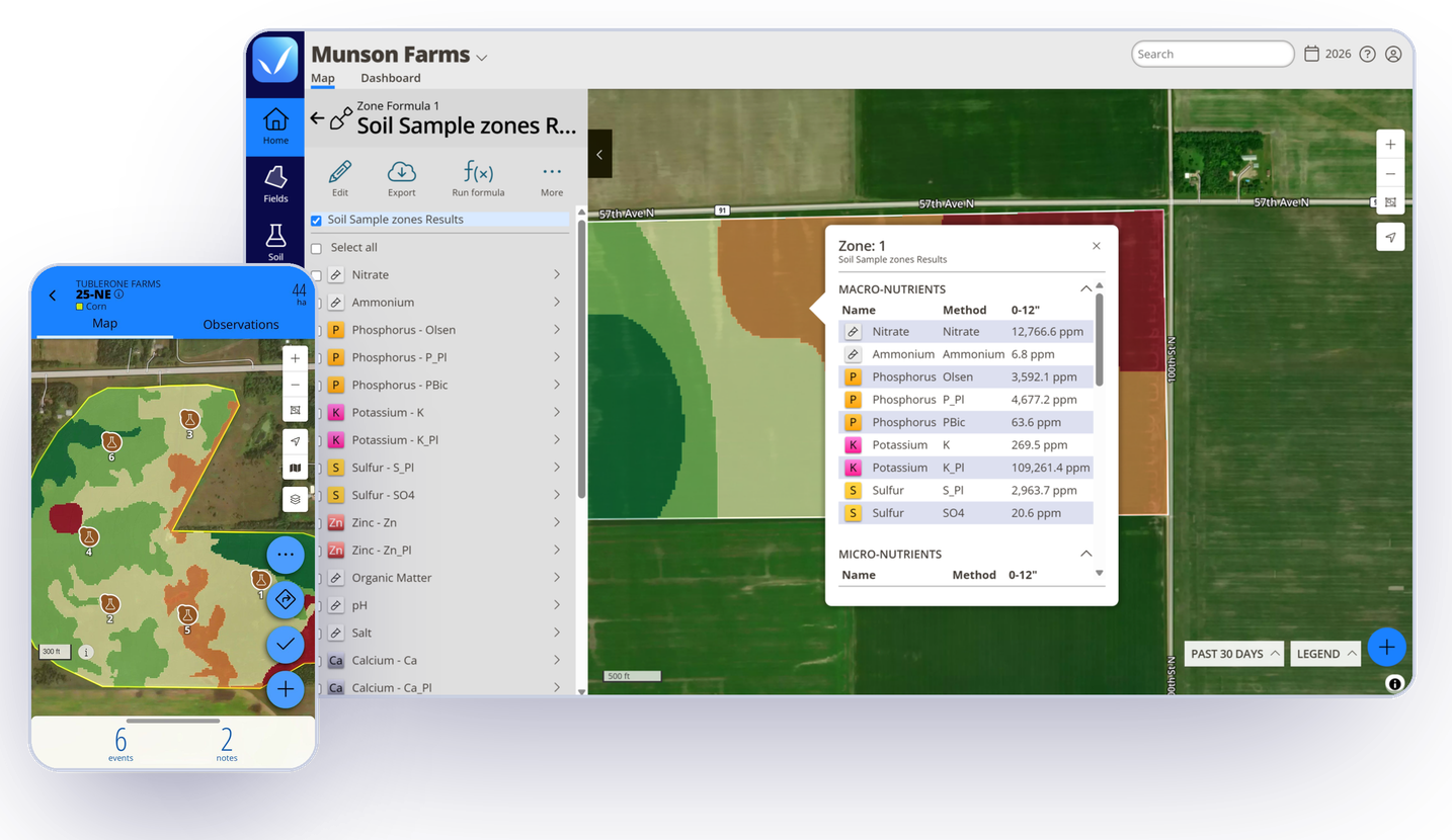 QA Advisor on desktop and mobile. On desktop, a soil sample zone map for Munson Farms shows a nutrient results panel with macro-nutrient values for Zone 1. On mobile, a corn field for Tublerone Farms shows six soil sample locations marked on color-coded zones.