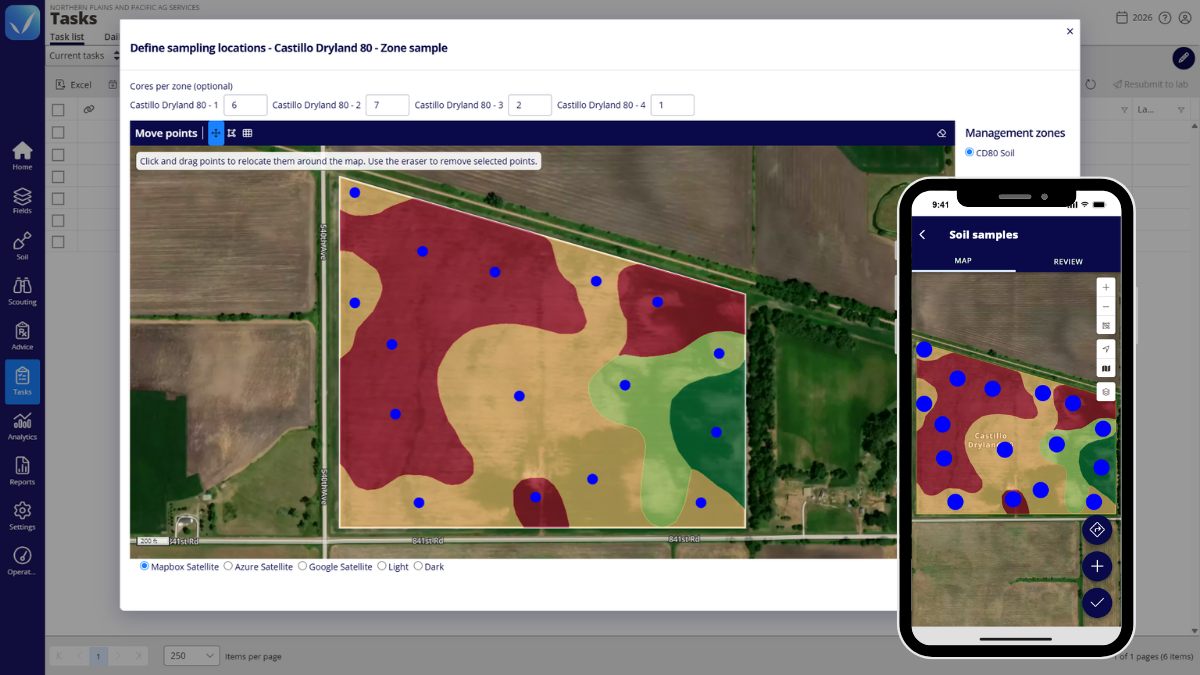 Define sampling locations window in the QA Advisor web app, showing sample points across four management zones for a zone sample on Castillo Dryland 80. Beside it, a phone shows the same field and sample points in the mobile Soil samples map.