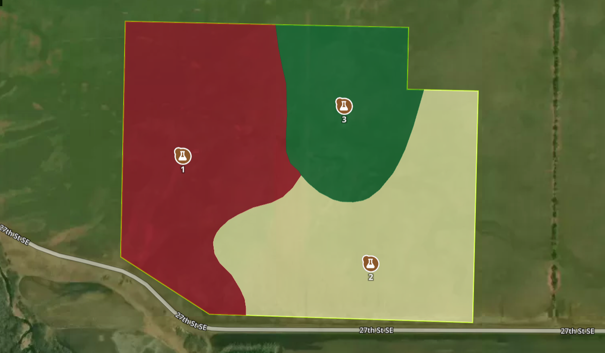 Field map in the QA Advisor web app for Hintz Home Quarter, showing three management zones with a numbered soil sample location in each.