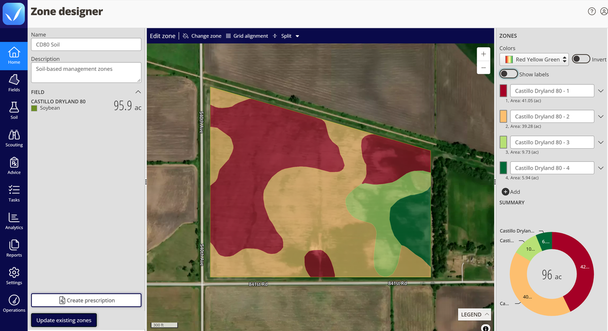 Zone designer in the QA Advisor web app for Castillo Dryland 80, a 95.9-acre soybean field, showing four soil-based management zones on a satellite map, with the acres for each zone listed and charted beside it.