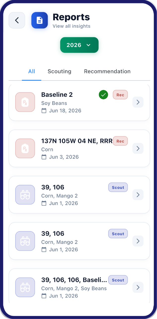 A list of scouting and recommendation reports in QA Farmer agronomy tab