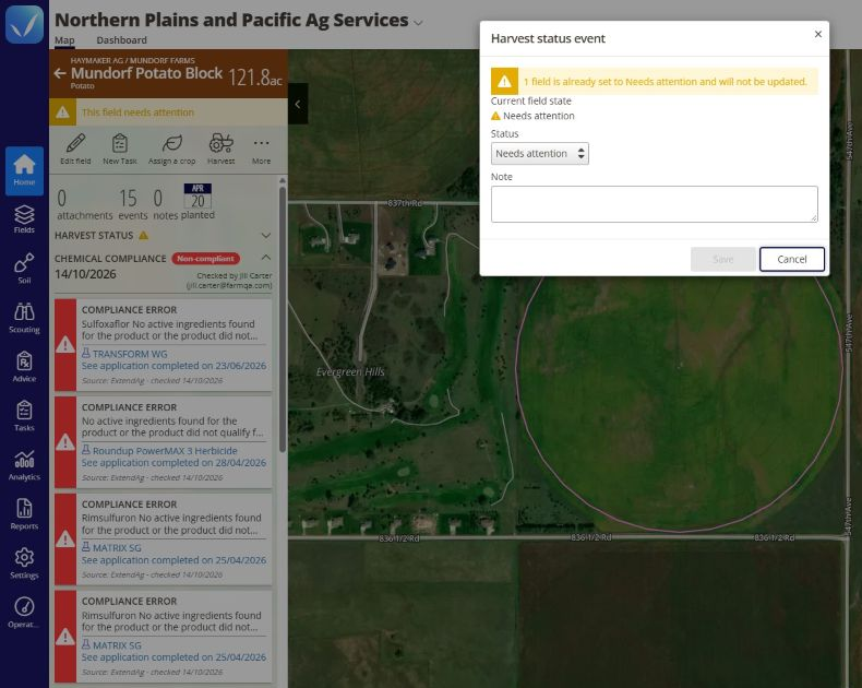 Field panel in the QA Advisor web app for Mundorf Potato Block. Chemical Compliance is marked Non-compliant, with four Compliance Error cards listing products whose active ingredients weren’t found. A Harvest status event dialog is open with Status set to Needs attention.